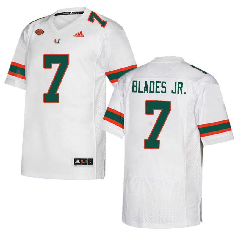 Men #7 Al Blades Jr. Miami Hurricanes College Football Jerseys Sale-White - Click Image to Close